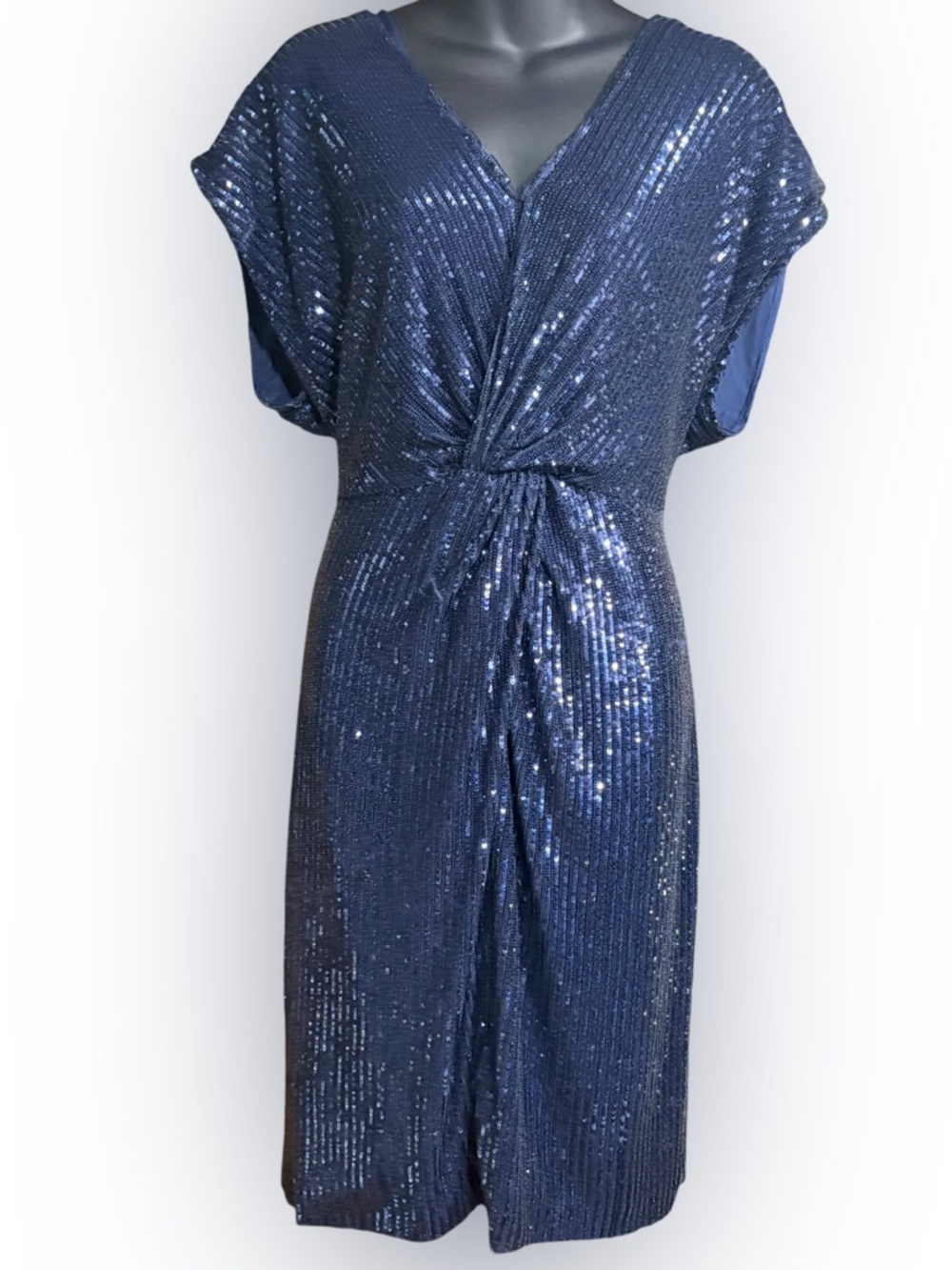 Précis navy Blue Sequined Twisted-Front Midi Dress formal size 14 large